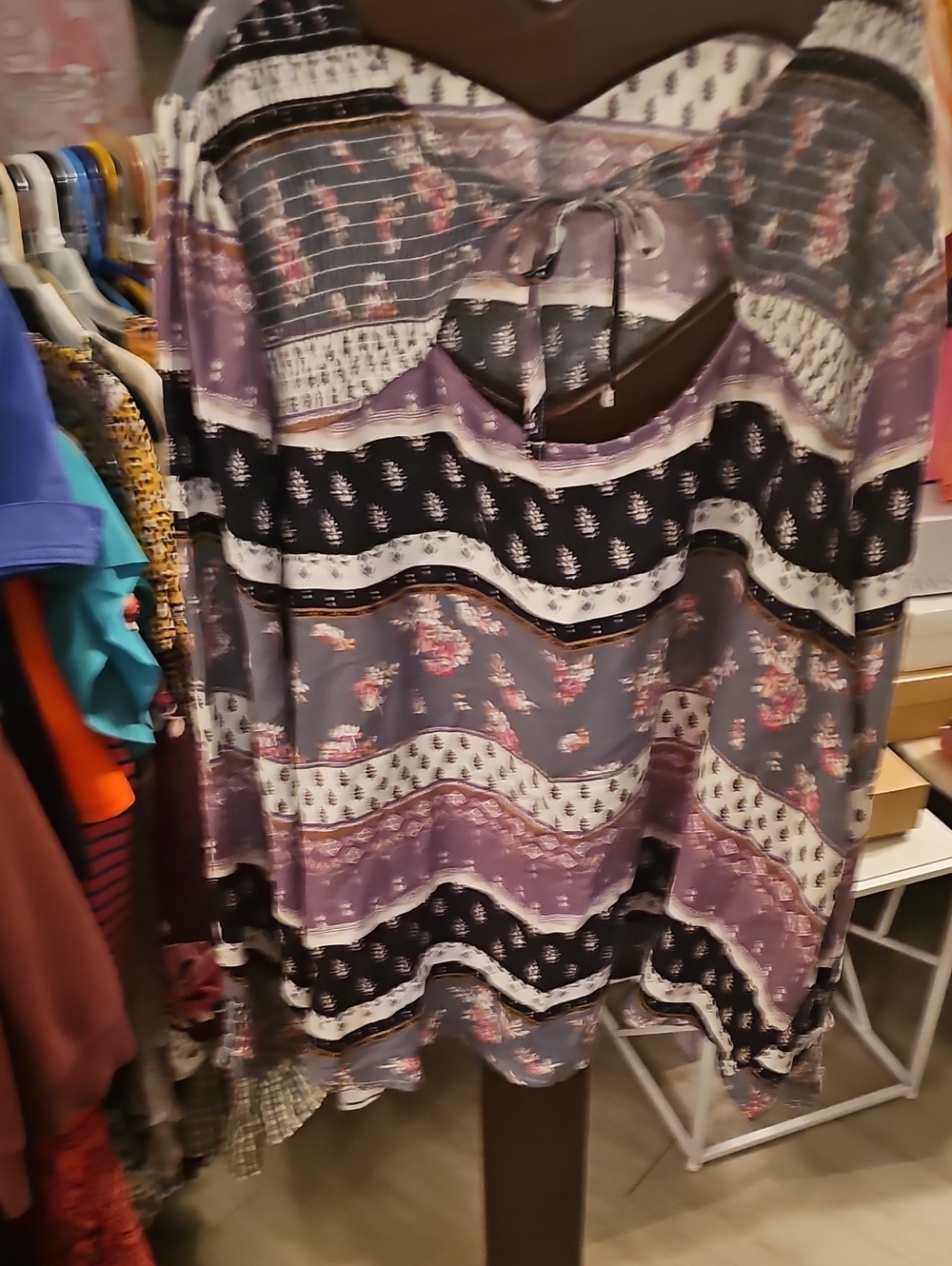 Boho Floral Patchwork Long-Sleeve Tunic - Purple